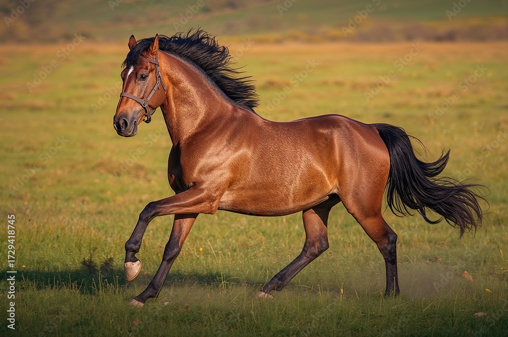 Fototapeta premium Close-up of a chestnut horse running through a fall meadow