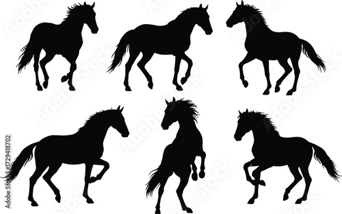 Set of horse silhouettes in dynamic poses including trotting, rearing, and galloping—perfect for equestrian, wildlife, and vector design themes.