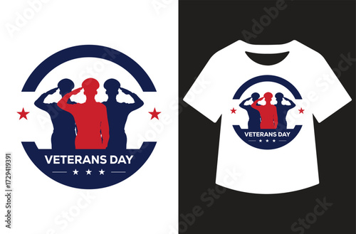 Veterans Day graphic with three saluting figures in red and blue silhouettes, bold text, and stars. Clean patriotic design shown on white background and as a t-shirt mockup.