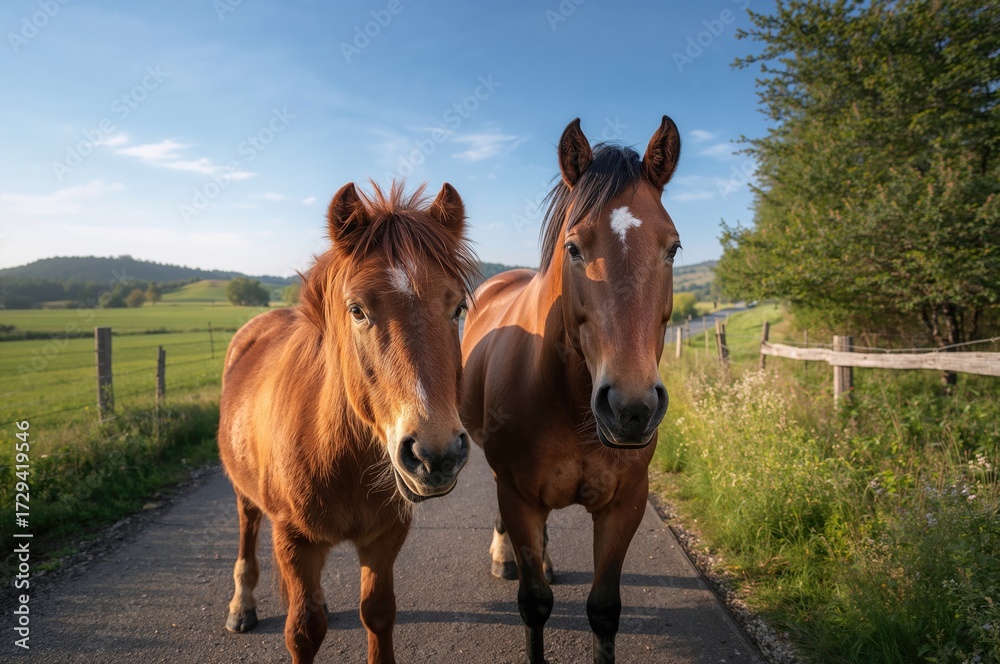 Fototapeta premium Chestnut pony and chestnut horse gazing towards the camera on a countryside path