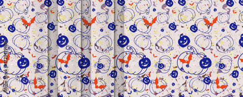 Simple repeating Halloween seamless vector pattern of carved pumpkin faces with Bats and textured base