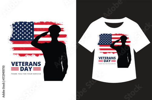 Veterans Day graphic with three saluting figures in red and blue silhouettes, bold text, and stars. Clean patriotic design shown on white background and as a t-shirt mockup.