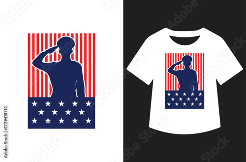 Veterans Day graphic with three saluting figures in red and blue silhouettes, bold text, and stars. Clean patriotic design shown on white background and as a t-shirt mockup.