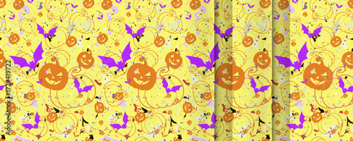 Simple repeating Halloween seamless vector pattern of carved pumpkin faces with Bats and textured base