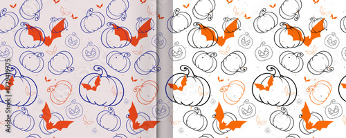 Simple repeating Halloween seamless vector pattern of carved pumpkin faces with Bats and textured base