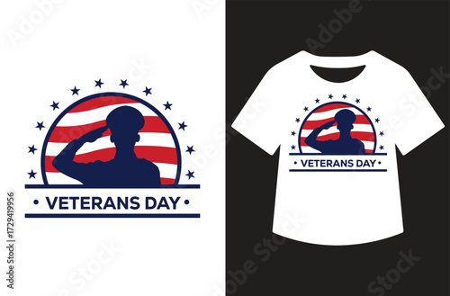 Veterans Day graphic with three saluting figures in red and blue silhouettes, bold text, and stars. Clean patriotic design shown on white background and as a t-shirt mockup.