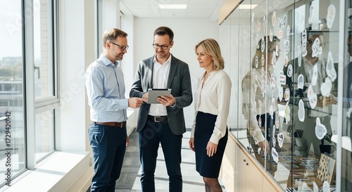 Two people looking at a tablet in an office