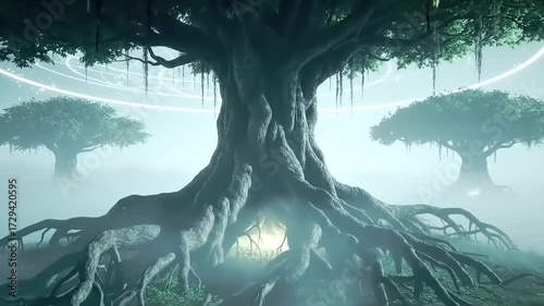 Majestic tree with exposed roots in a mystical landscape fantasy concept