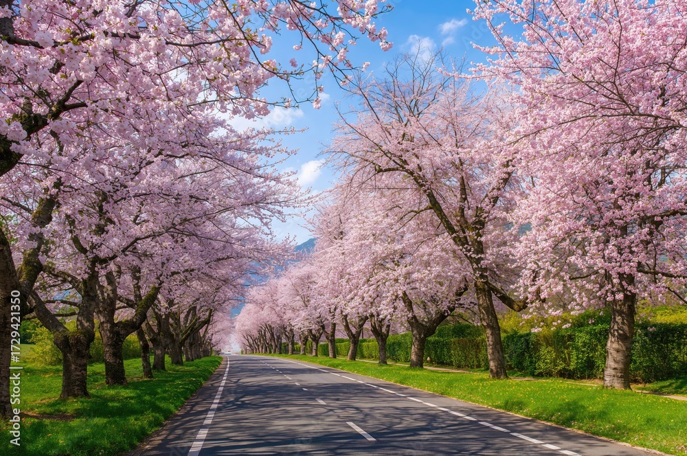 Obraz premium Road Lined with Blooming Cherry Trees