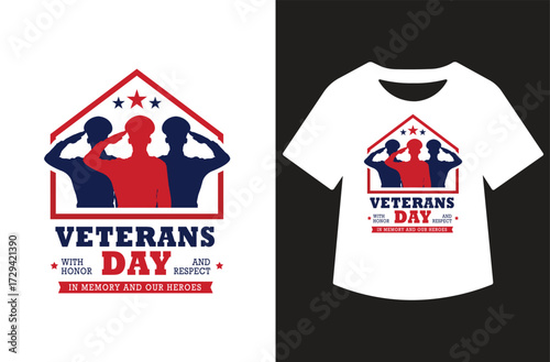 Veterans Day graphic with three saluting figures in red and blue silhouettes, bold text, and stars. Clean patriotic design shown on white background and as a t-shirt mockup.