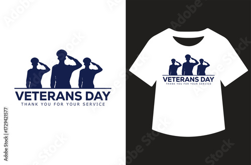 Veterans Day graphic with three saluting figures in red and blue silhouettes, bold text, and stars. Clean patriotic design shown on white background and as a t-shirt mockup.