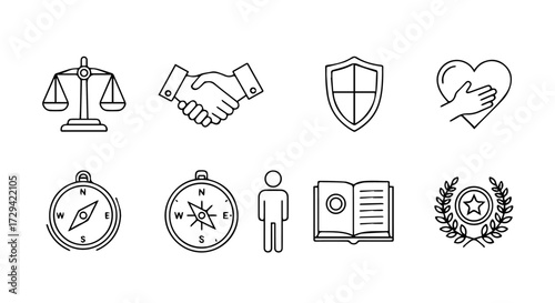 Symbols of Justice, Agreement, Protection, Compassion, Guidance, and Achievement in a Graphic Set