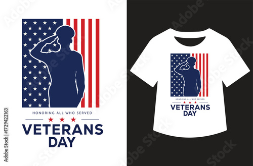 Veterans Day graphic with three saluting figures in red and blue silhouettes, bold text, and stars. Clean patriotic design shown on white background and as a t-shirt mockup.
