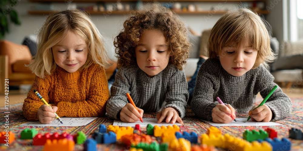 Fototapeta premium Three children engaged in creative activities, drawing and coloring on paper, surrounded by colorful building blocks on a cozy living room floor, showcasing imaginative playtime