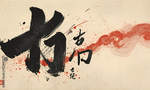 Abstract chinese calligraphy with red ink splash and brush strokes