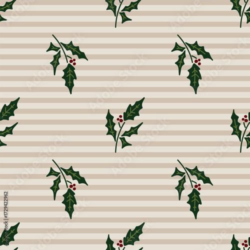 Christmas pattern with leaves and berries. Christmas spruce branches. Christmas background.