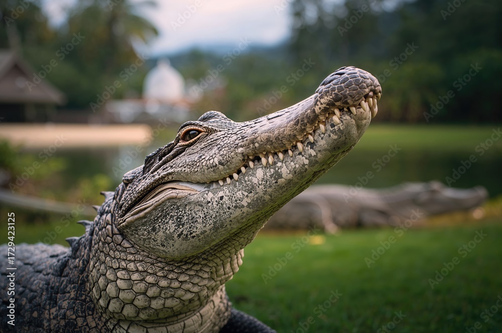 Naklejka premium Close-up of a crocodile's head in a natural setting