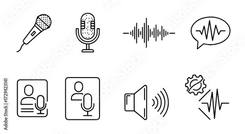 Collection of Icons Representing Audio, Sound Waves, Voice, and Communication Technologies