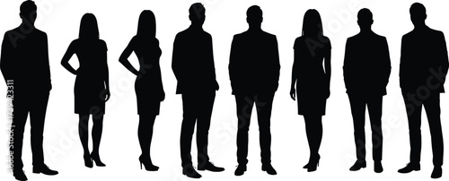 Cartoon business silhouette group, diverse male and female figures, formal attire, standing posture, vector illustration, black outline, white background