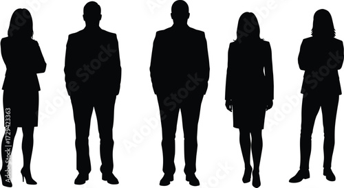 Cartoon business silhouette group, professional people standing, formal attire, black outline, vector illustration, white background, workplace diversity concept