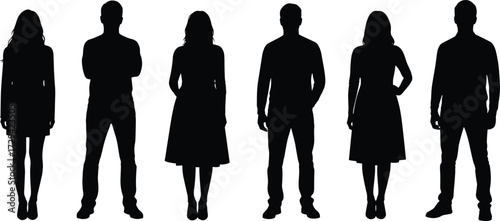 Cartoon human silhouette set, male and female figures, standing posture, black outline, gender diversity, vector illustration, white background