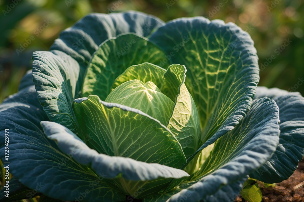 Obraz premium Green cabbage thriving in the field, Brassica oleracea var. capitata variety