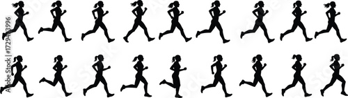 Running motion silhouettes, athletic movement sequence, biomechanics study, black figures, animation frames, isolated poses, dynamic stride, fitness form, exercise