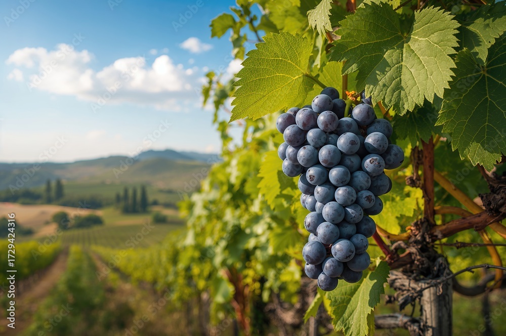 Fototapeta premium Close-up view of grapes growing on a vine in a rural vineyard