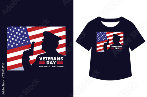 Veterans Day graphic with three saluting figures in red and blue silhouettes, bold text, and stars. Clean patriotic design shown on white background and as a t-shirt mockup.