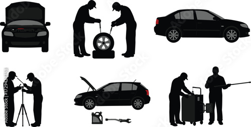 Auto mechanics repairing and maintaining cars, tire changing, engine inspection, vehicle diagnostics, tools and equipment, teamwork, automotive service, professional technicians.