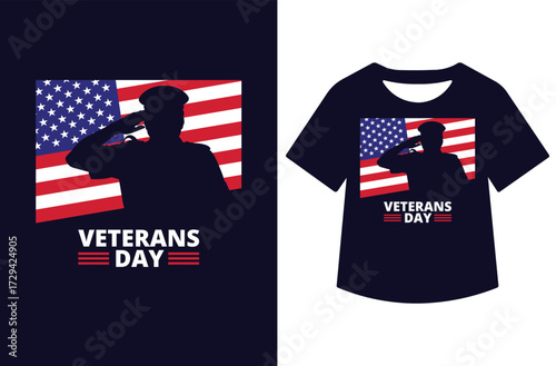 Veterans Day graphic with three saluting figures in red and blue silhouettes, bold text, and stars. Clean patriotic design shown on white background and as a t-shirt mockup.