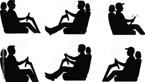 Driving posture silhouette illustration, seated driver positions, steering wheel handling, ergonomic car seating, vehicle control concept, automotive safety, transportation behavior study