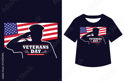 Veterans Day graphic with three saluting figures in red and blue silhouettes, bold text, and stars. Clean patriotic design shown on white background and as a t-shirt mockup.