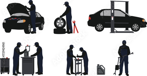 Car repair silhouette illustration, mechanic teamwork, tire change, engine inspection, auto lift service, garage tools, vehicle maintenance, automotive technician concept