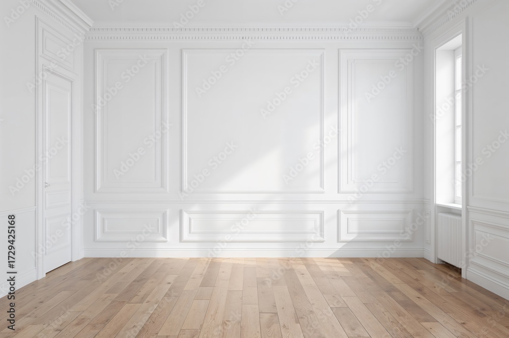 Fototapeta premium Traditional white room featuring wooden floors, decorative moldings, and paneled walls. Photo mockup.