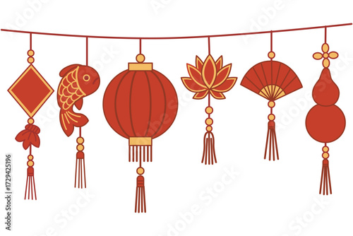Asian decorations and Chinese lanterns with red tassels and festival ornaments for Lunar New Year. Spring Festival lucky fish and lotus flower and folding fan with festive garland. 
