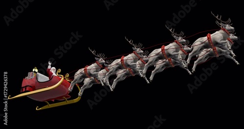 Santa Claus riding sleigh pulled by eight reindeer with gifts on transparent background, Christmas Eve delivery, holiday magic, and celebration. 3d rendering animation. Alpha channel, ProRes 4444.