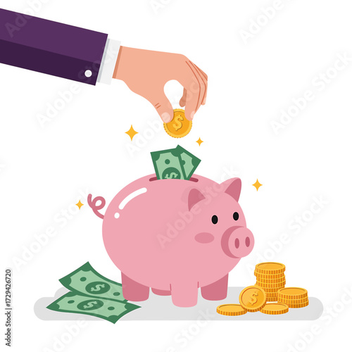 A hand depositing a gold coin into a pink piggy bank in a flat design style showcasing savings and financial growth in vector art