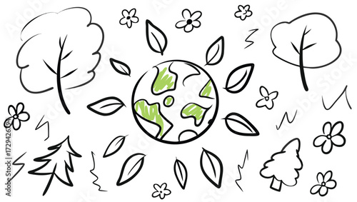 Explore Hand-Drawn Earth Icon with Trees, Flowers, and Leaves for Eco-Conscious Design Projects