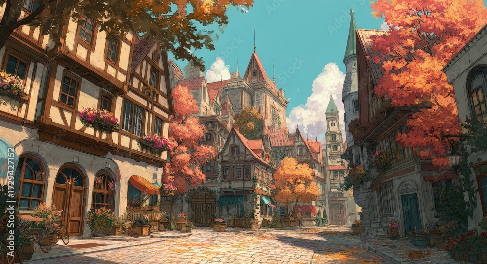 Obraz premium Picturesque European town square with half timber houses, colorful flowers, and autumn trees under blue sky perfect for travel blogs, fantasy artwork, and cultural illustrations