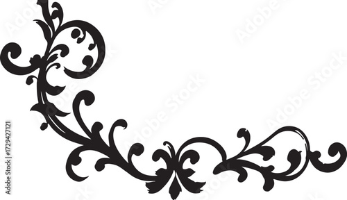 Abstract vector floral design elements featuring ornate black vintage flower and leaf silhouette scroll borders