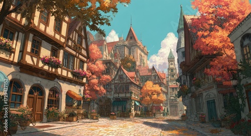 Picturesque European town square with half timber houses, colorful flowers, and autumn trees under blue sky perfect for travel blogs, fantasy artwork, and cultural illustrations