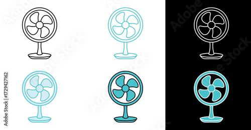 Desk electric air cooling fan icon for climate control and summer heat in line and fill style