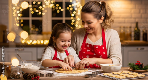 Joyful mother and daughter wearing red aprons baking holiday cookies with flour, cutters, and Christmas lights in cozy festive kitchen