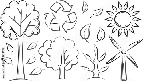 Explore Hand-Drawn Eco Icons with Trees, Leaves, and Wind Turbines for Sustainable Design Ideas