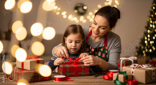 Mother and daughter wrapping Christmas gifts together in cozy home
