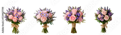 Four beautiful bouquets of pink roses and lavender flowers tied with twine isolated on transparent background