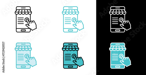 Digital store screen with clicking pointer icon for online shopping in line and fill style
