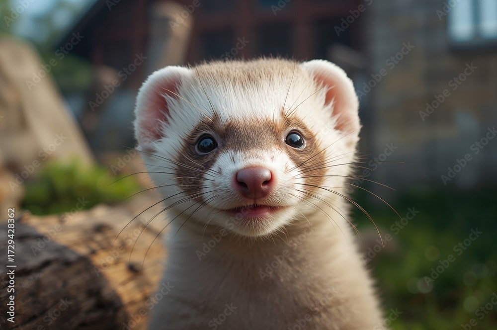 Fototapeta premium Close-up of a cheerful young marten's face, shot horizontally.