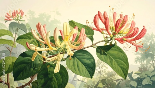 Detailed botanical illustration of honeysuckle flowers